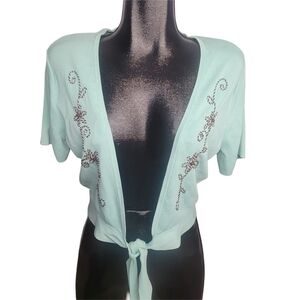 Jessica Mint Green Tie-Front Cardigan Bolero With Floral Stitch Details Size 12